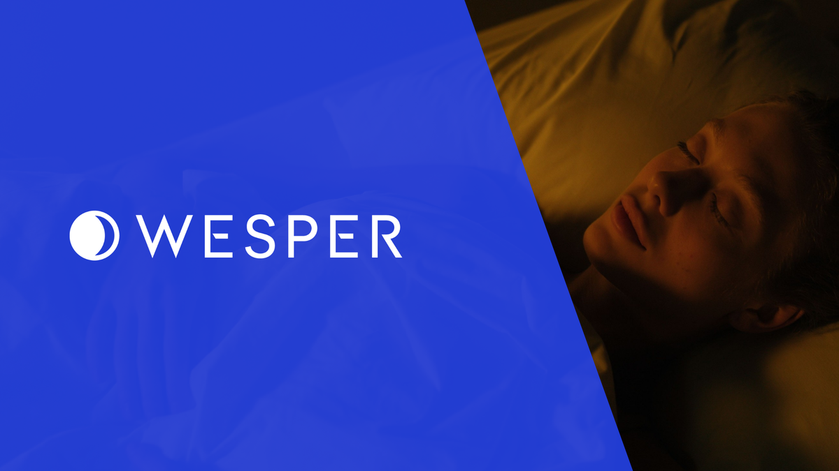 Wesper logo on a blue panel beside a photo of a person asleep on their back in warm nighttime light